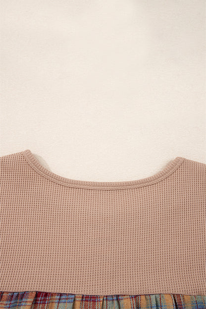 Straw Yellow Waffle Stripe Plaid Patchwork Henley Top