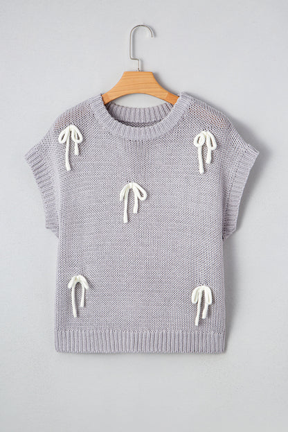 Light Grey Bowknot Applique Cap Sleeve Sweater