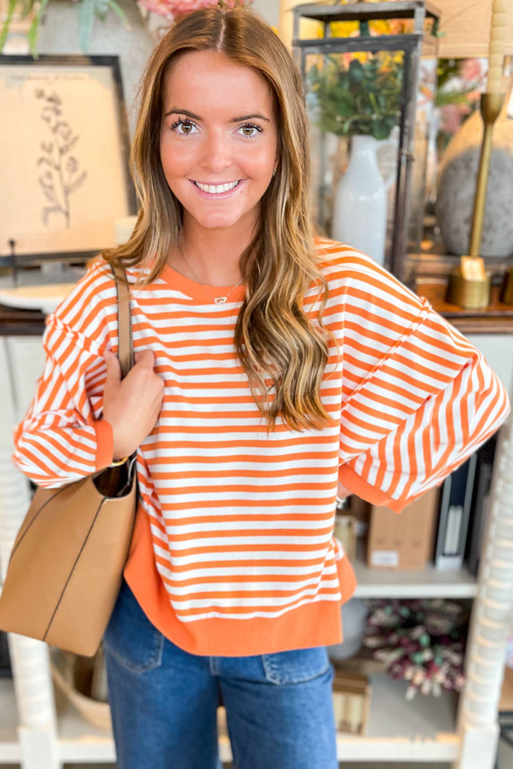 Orange Stripe Exposed Seam Drop Shoulder Long Sleeve Top