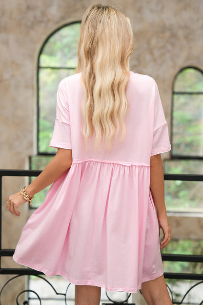 Light Pink Solid Color Pocket Raw Edge Babydoll Dress
