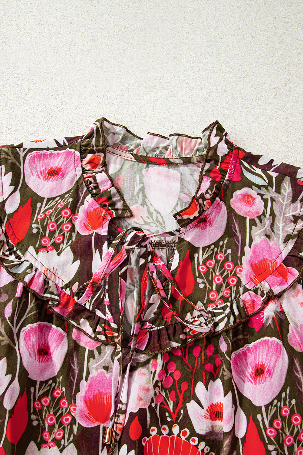 Red Floral 3/4 Sleeve Lace-up Neck Blouse