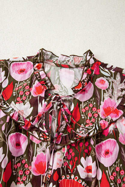 Red Floral 3/4 Sleeve Lace-up Neck Blouse