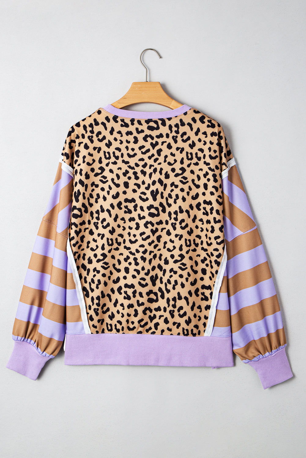 Purple Striped Leopard Colorblock Side Slits Sweatshirt