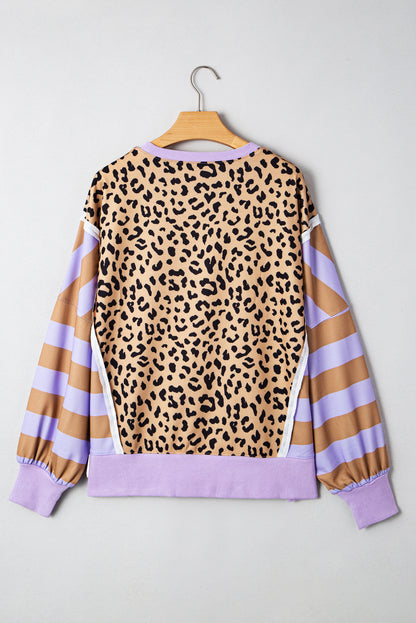 Purple Striped Leopard Colorblock Side Slits Sweatshirt