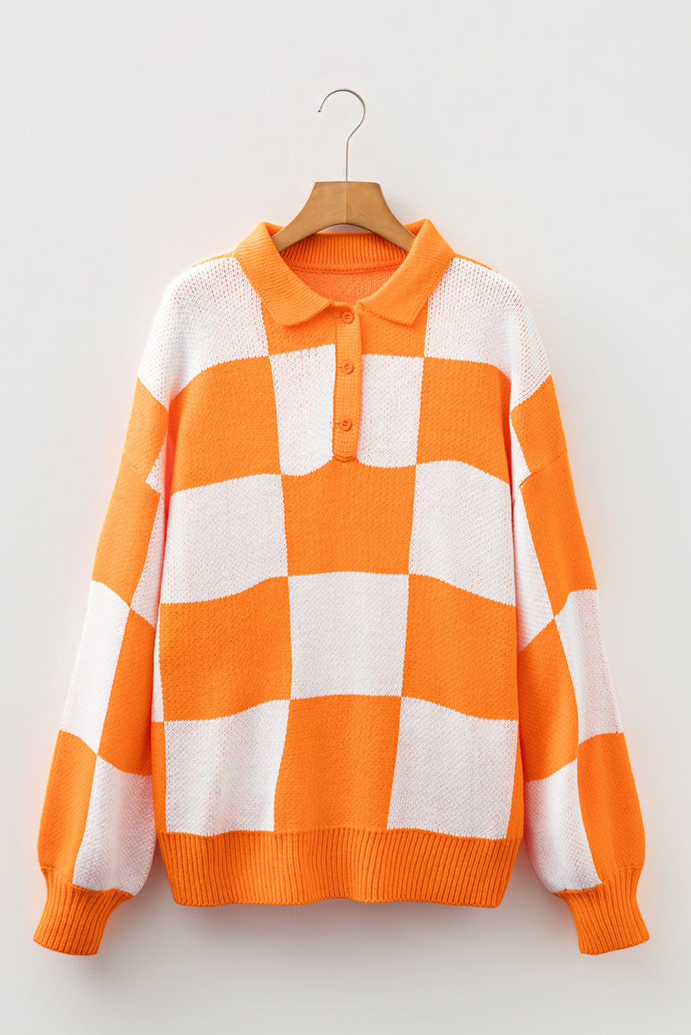 Grapefruit Orange Checkered V-Neck Collared Pullover Sweater