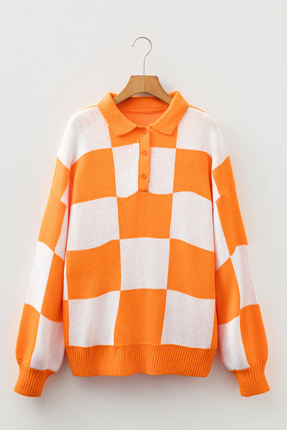 Grapefruit Orange Checkered V-Neck Collared Pullover Sweater