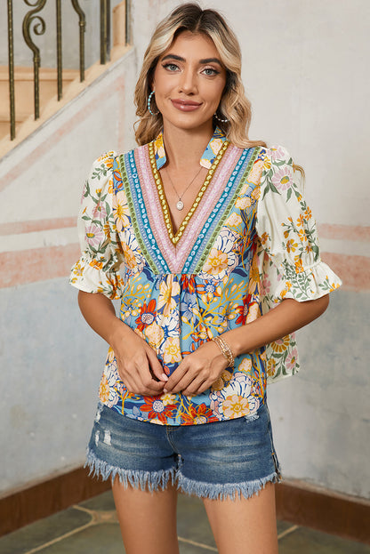 Multicolour Half Sleeve Boho Floral Pop of Color Neckline Blouse