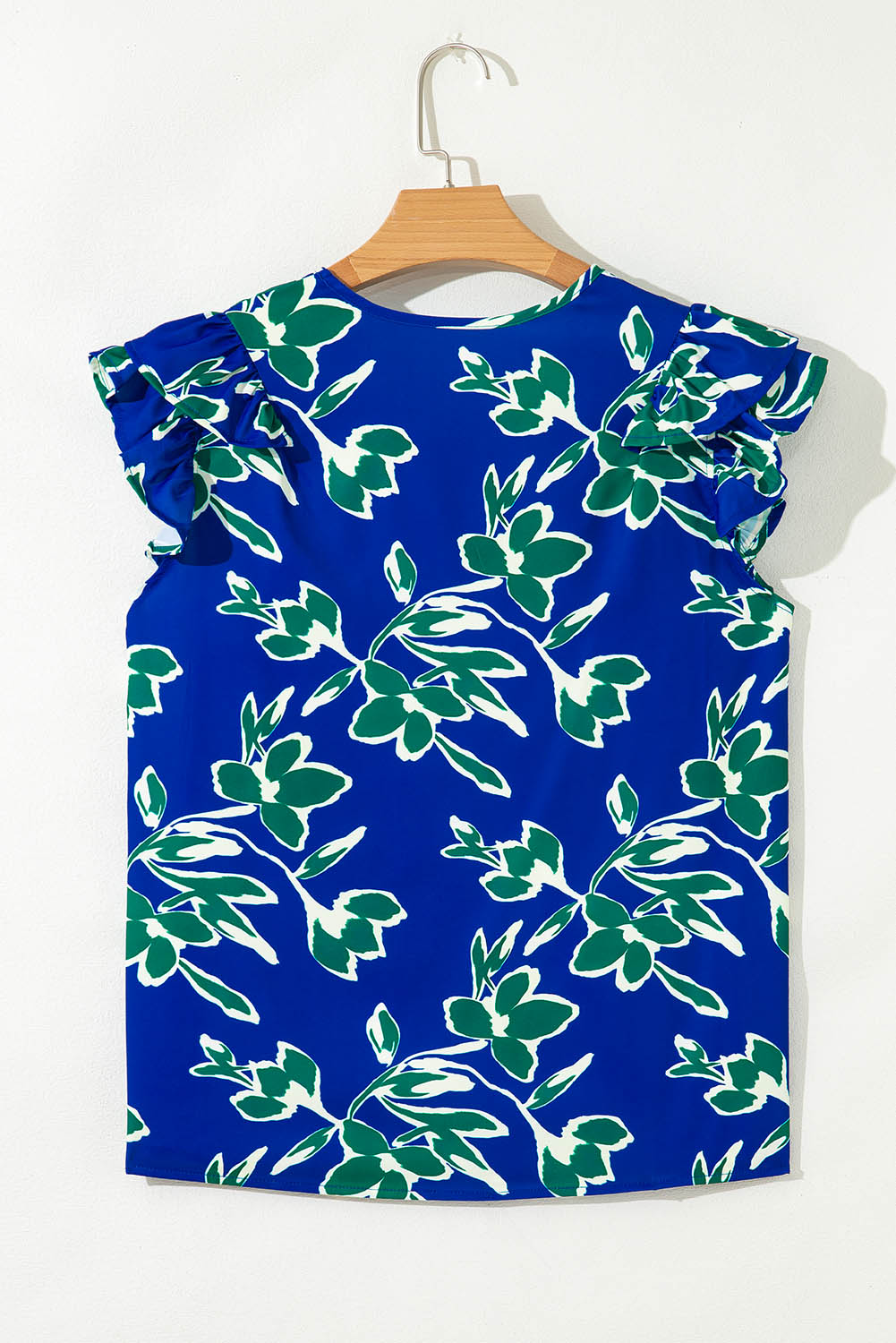 Blue V Neck Floral Print Ruffle Short Sleeve Blouse