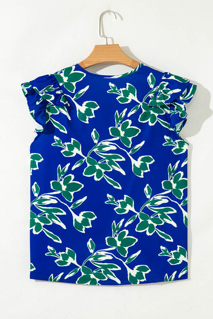 Blue V Neck Floral Print Ruffle Short Sleeve Blouse
