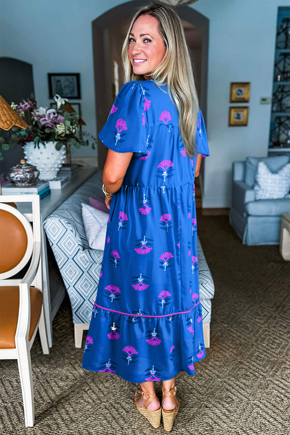 Blue Floral Print Notched Neck Flounce Sleeve Maxi Dress