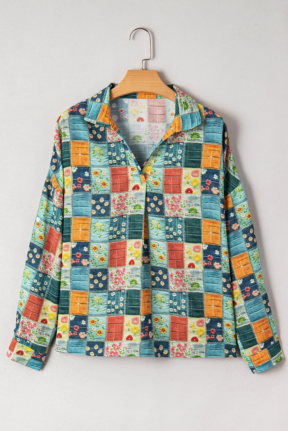 Sky Blue Floral Patchwork Collared V Neck Blouse