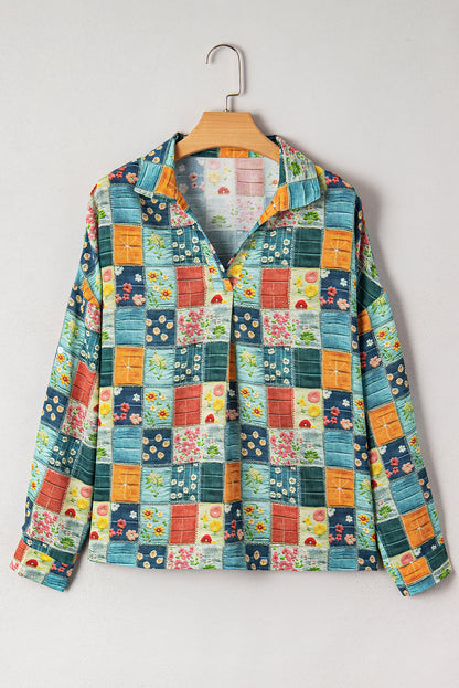 Sky Blue Floral Patchwork Collared V Neck Blouse
