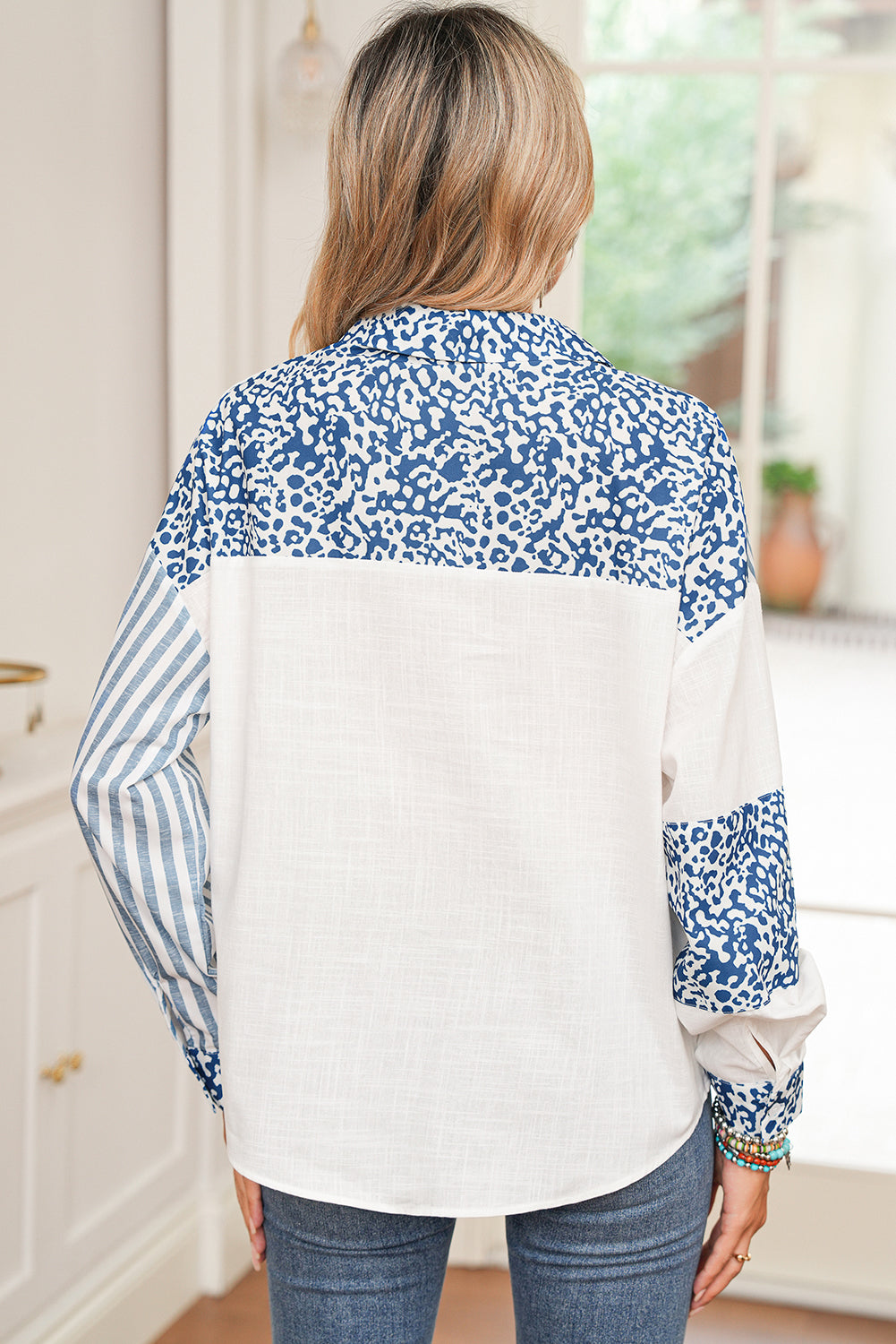 Sky Blue Leopard Striped Patchwork Button-up Shirt