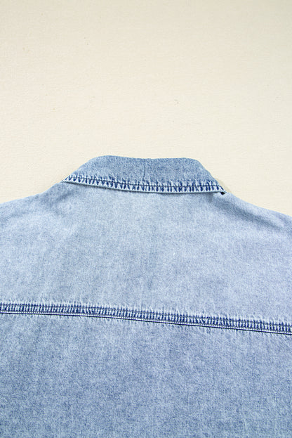 Beau Blue Chest Pocket Raw Hem Denim Loose Shirt Dress
