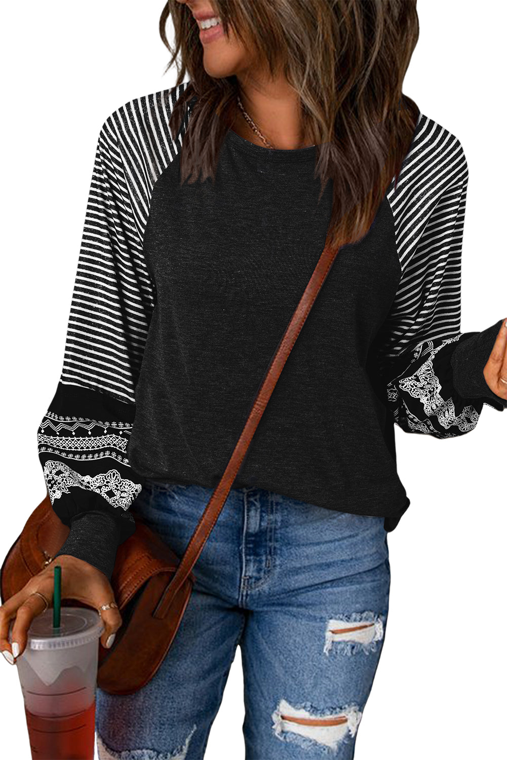 Black Contrast Print Striped Raglan Long Sleeve Loose Top