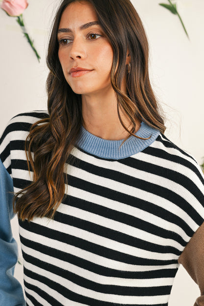 Black Striped Colorblock Patchwork Long Sleeve Sweater