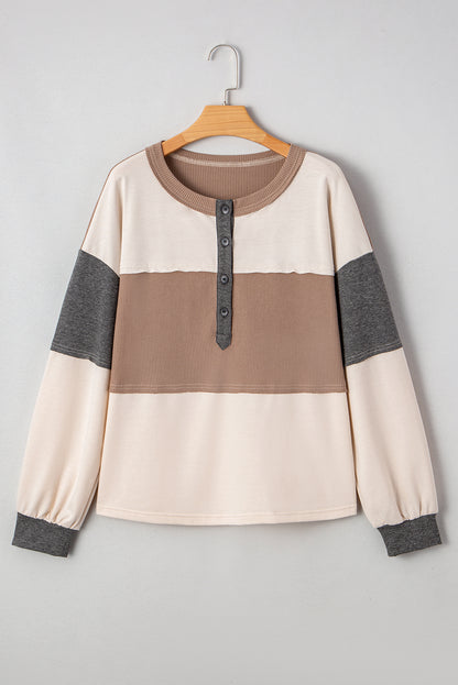 Jet Stream Colorblock Waffle Patchwork Loose Henley Top