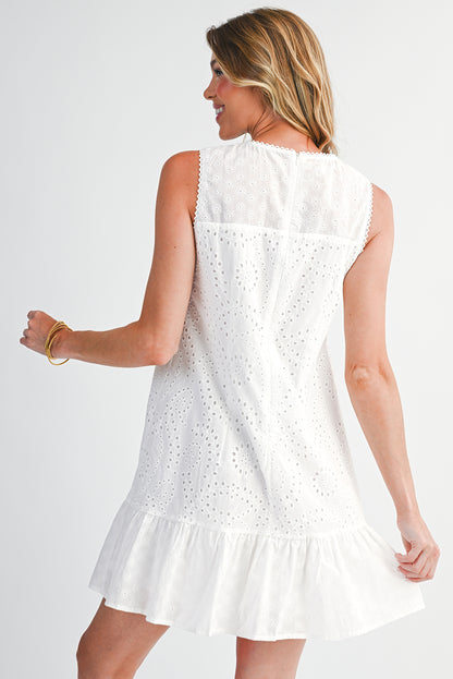 White Floral Eyelet Embroidered Sleeveless Shift Dress