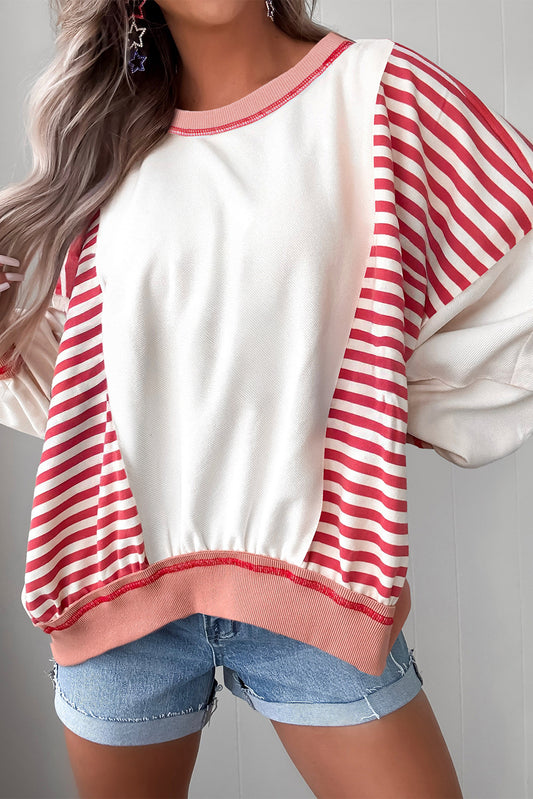 Red Striped Colorblock Patchwork Oversized Sweatshirt