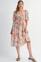 Apricot Pink Floral Knot Front Smocked Bubble Sleeve Dress