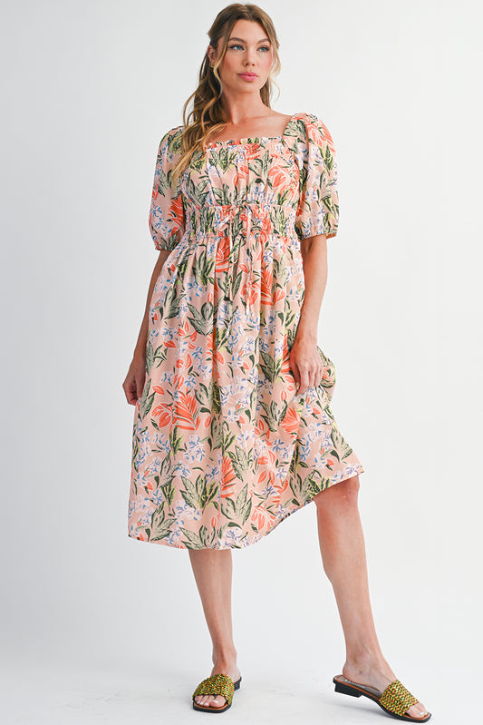 Apricot Pink Floral Knot Front Smocked Bubble Sleeve Dress