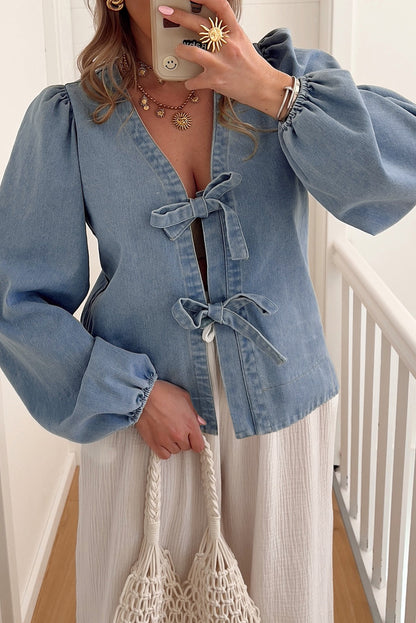 Dusk Blue Bow Tie Front Puff Sleeve Denim Top