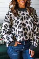 Carbon Grey Leopard Pattern Contrast Trim Round Neck Sweater