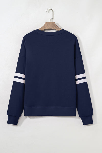 Navy Blue Preppy Striped Sleeve Loose Sweatshirt