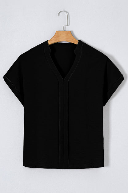 Black Notched Neck Batwing Sleeve Blouse