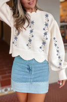 White Floral Embroidered Scallop Hem Cropped Sweater