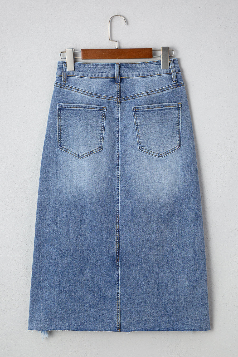 Myosotis Irregular Distressed Hem Denim Midi Skirt