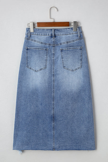 Myosotis Irregular Distressed Hem Denim Midi Skirt