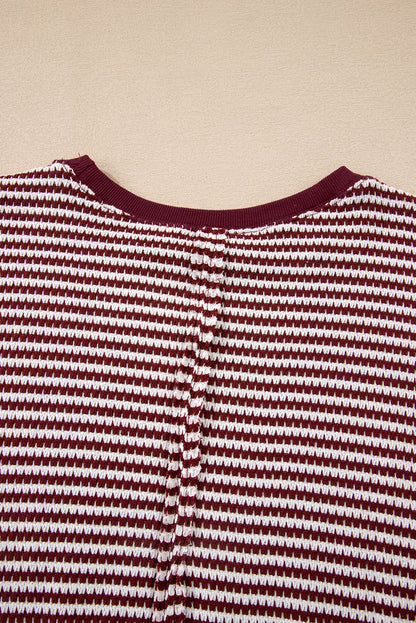 Red Stripe Ribbed Trim Drop Shoulder Long Sleeve Oversized Top