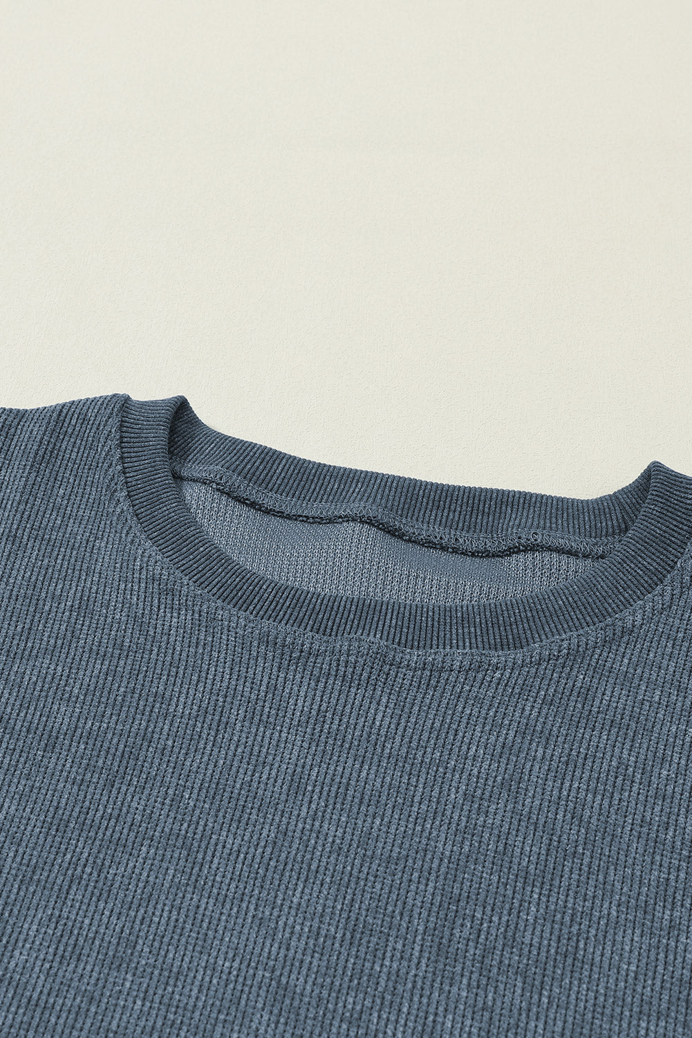 Blue Plain Solid Ribbed Knit Round Neck Pullover Sweatshirt
