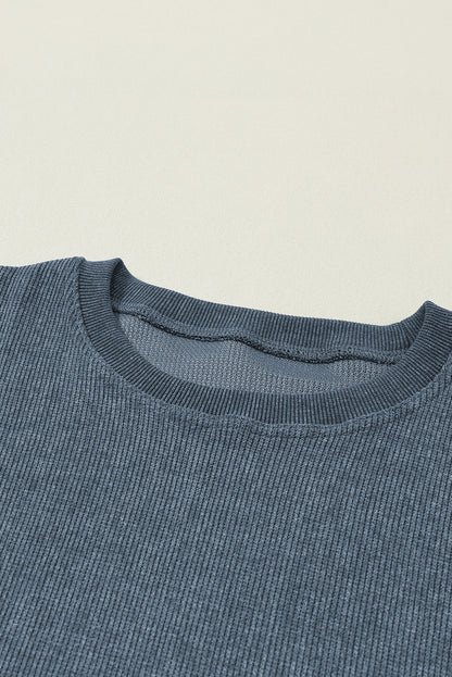 Blue Plain Solid Ribbed Knit Round Neck Pullover Sweatshirt
