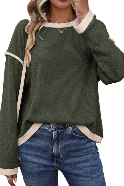 Four Leaf Clover Contrast Color Trim Knit Drop Shoulder Loose Top