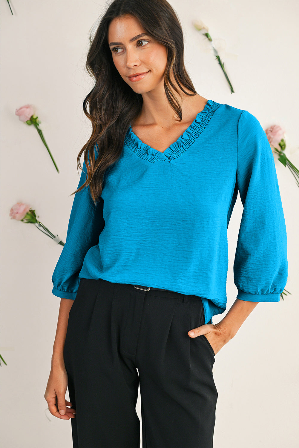 Sky Blue Frill V Neckline Puff Sleeve Crinkled Blouse