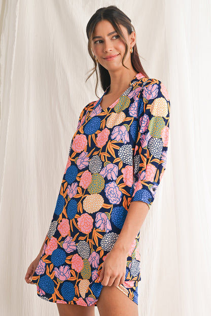 Navy Blue Hydrangea Floral V Neck Puff Sleeve Dress