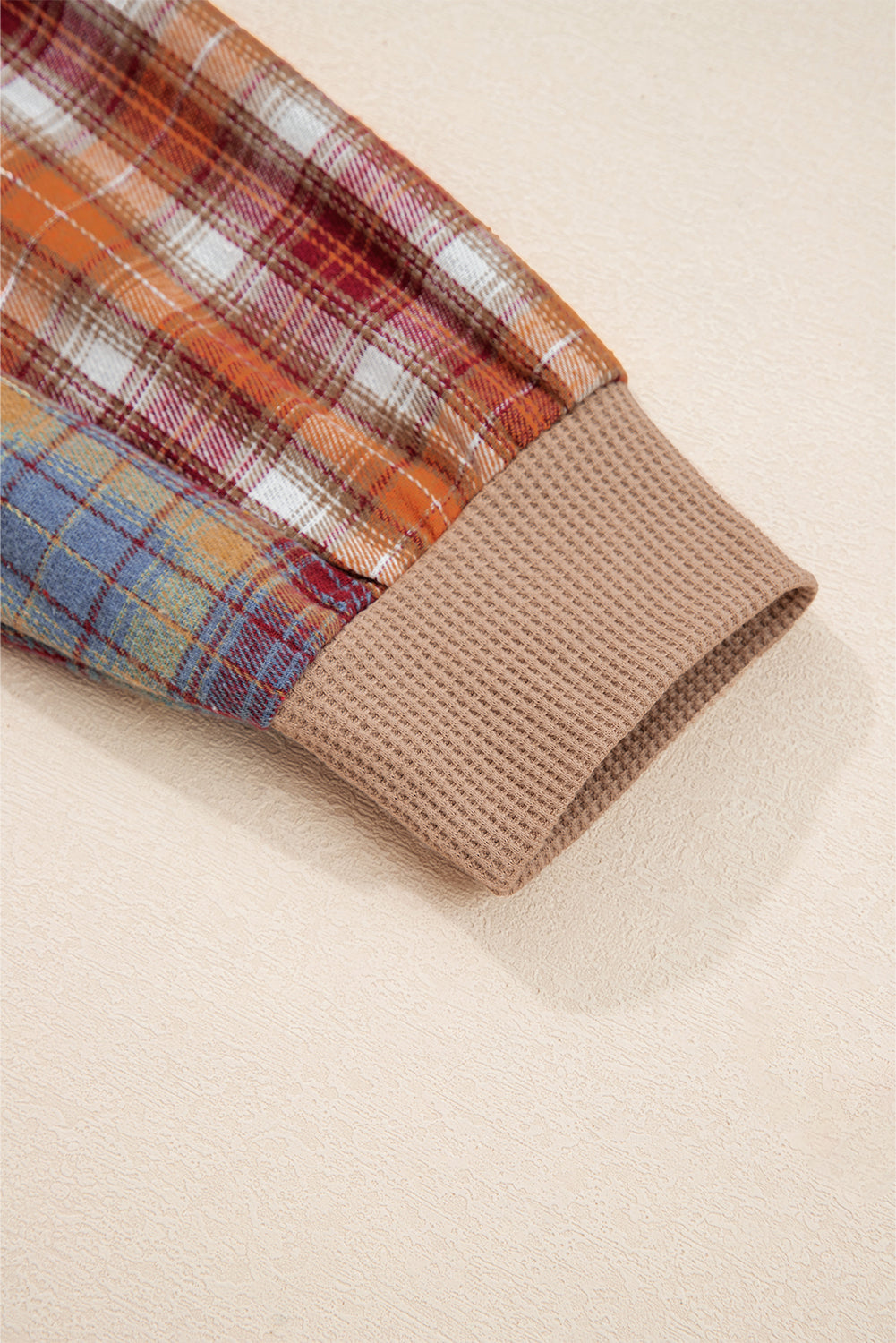 Straw Yellow Waffle Stripe Plaid Patchwork Henley Top