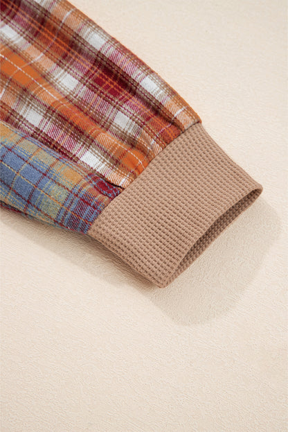 Straw Yellow Waffle Stripe Plaid Patchwork Henley Top