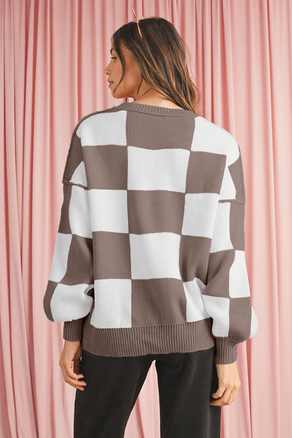 Dark Brown Plaid Bishop Sleeve Pullover Sweater