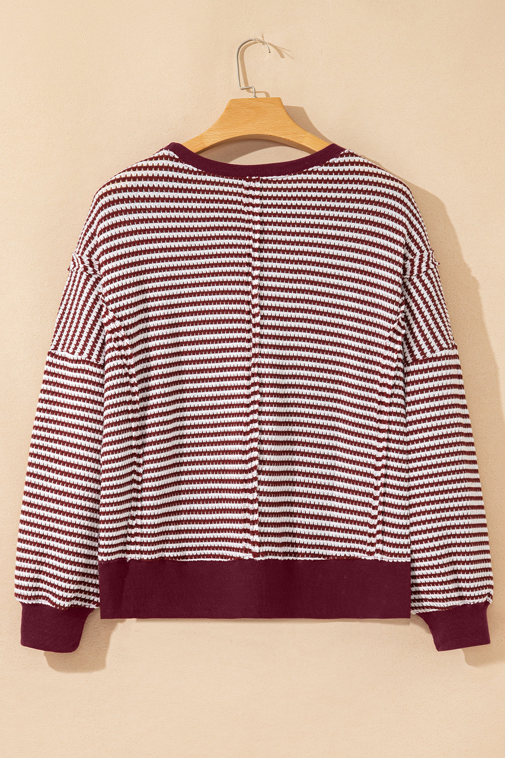 Red Stripe Ribbed Trim Drop Shoulder Long Sleeve Oversized Top