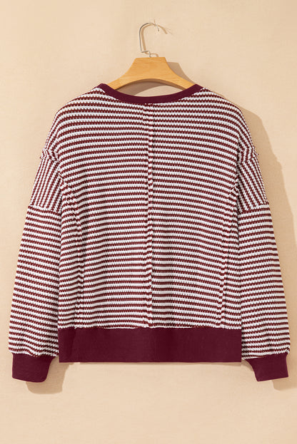 Red Stripe Ribbed Trim Drop Shoulder Long Sleeve Oversized Top