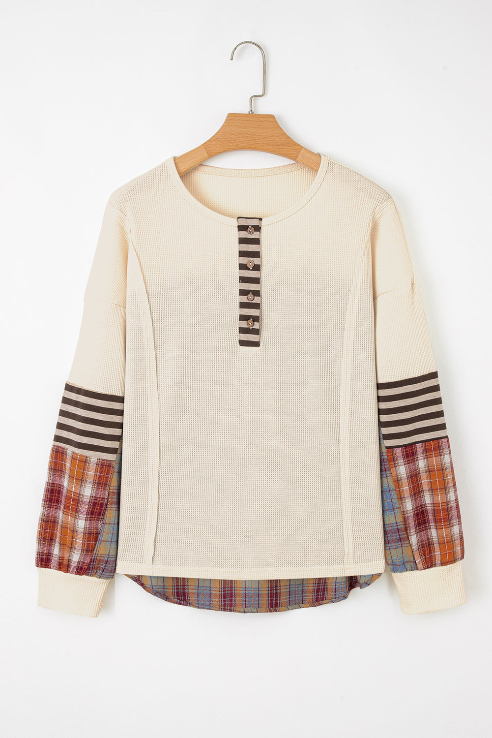 Beige Waffle Stripe Plaid Patchwork Henley Top