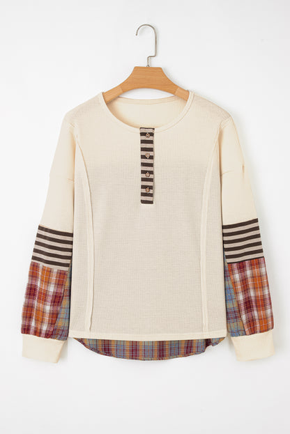 Beige Waffle Stripe Plaid Patchwork Henley Top