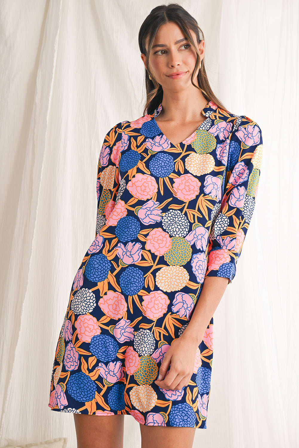 Navy Blue Hydrangea Floral V Neck Puff Sleeve Dress