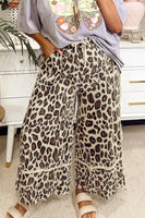 Khaki Leopard Drawstring Wide Leg Cropped Pants