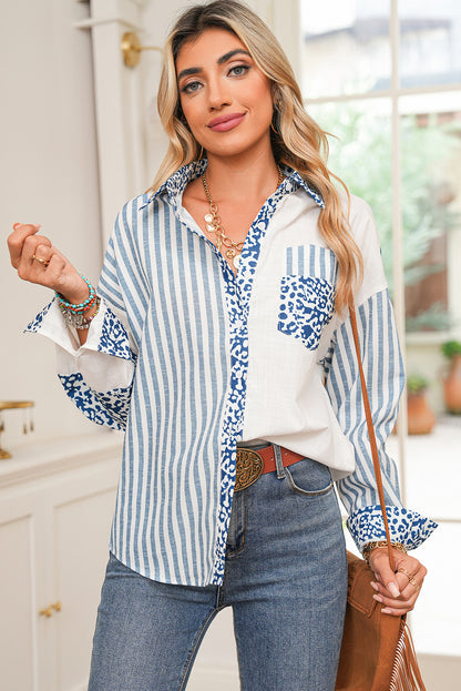 Sky Blue Leopard Striped Patchwork Button-up Shirt