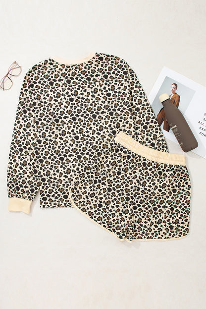 Brown Leopard Print Contrast Trim Two Piece Shorts Set