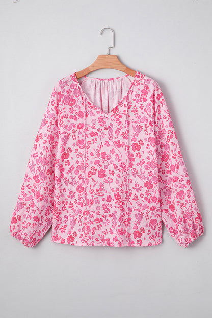 Pink Floral Puff Sleeve Split Neck Blouse